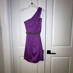 Trina Turk  Purple Silk One Shoulder Cocktail  Dress SZ 2 Beaded Waist EUC